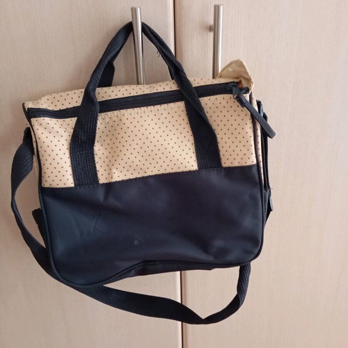 Baby equipment bag like new, beige with blue polka dots