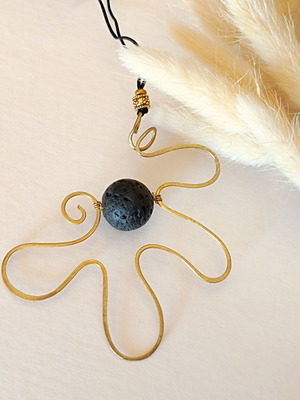 Handmade brass hammered necklace with lava stone and adjustable cord new
