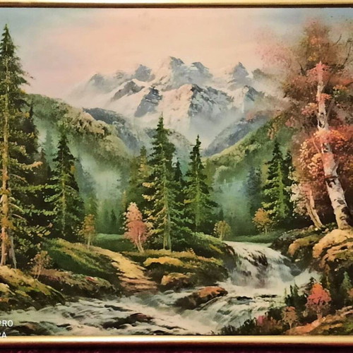 Signed painting forest with stream like new