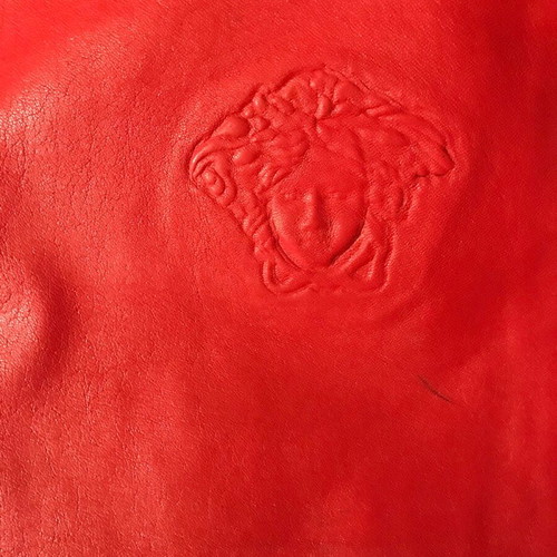 Versace Jeans Couture red leather pants with Medusa embossing, size 31