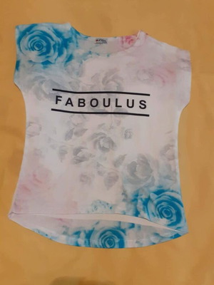 White blouse new with floral design and FABOULUS print, size 116 cm