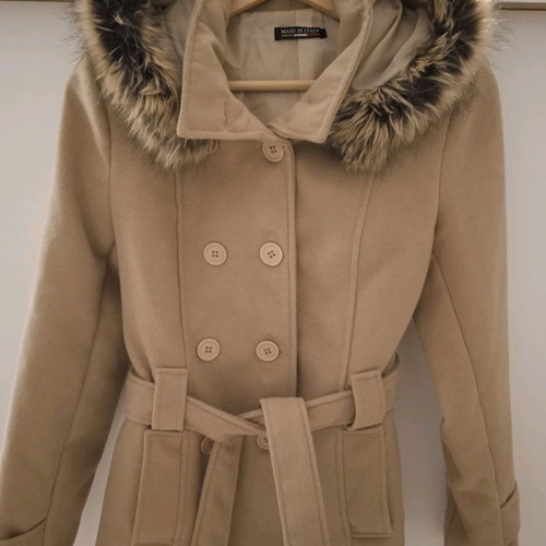 Woolen women's coat used size M beige with hood and belt