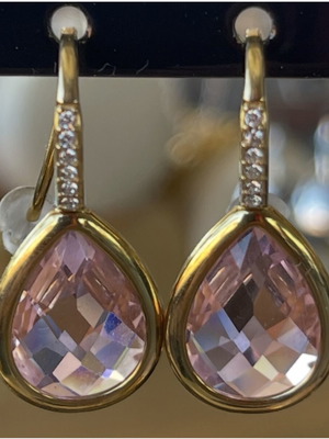 Women's earrings with pink pear-cut stone and gold base, new