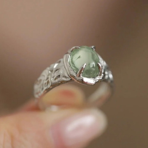 Silver 925 ring with green stone, vintage adjustable
