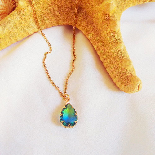 Handmade necklace with stainless steel chain and blue-green crystal drop