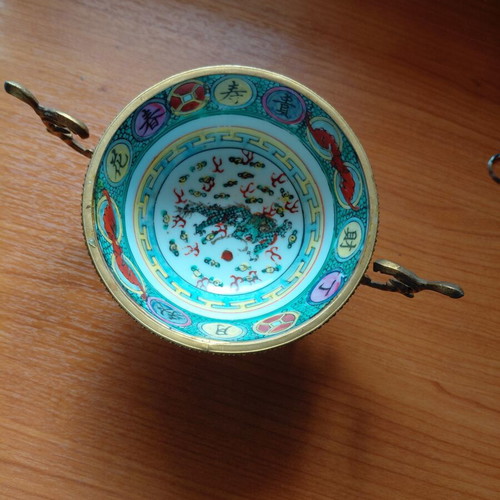 Vintage Chinese porcelain decorative bowl with brass base Qianlong style