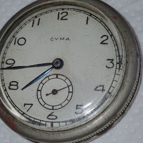 Cyma Swiss Pocket Watch 1930s used with chain and 6 stones