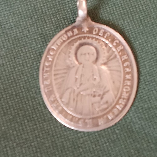 Silver medallion like new, antique with Saint Panteleimon and Virgin Mary