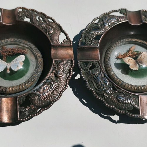 Copper ashtrays used with glass butterfly, 12 cm diameter