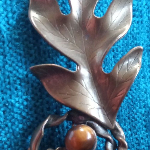 Vintage lapel pin used, brass with tiger's eye stone