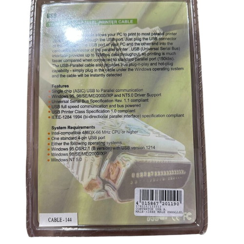 USB to Parallel Printer Cable IEEE 1284 New Sealed