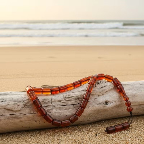 Mala necklace and bracelet unisex, natural amber and bloodstone, 80 cm