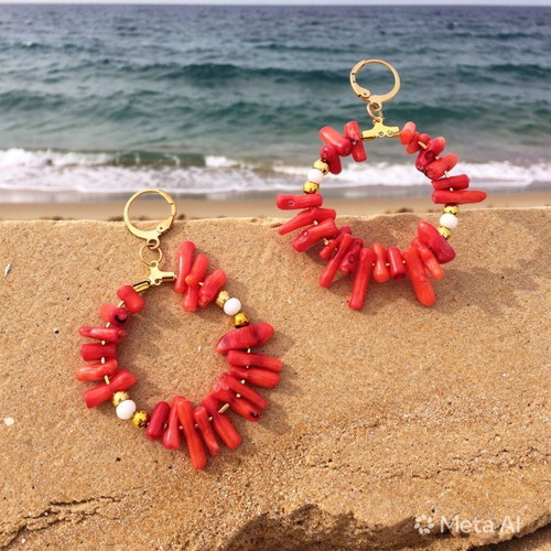 Handmade Hoop Earrings with Natural CORALS. Steel clasp hoop
