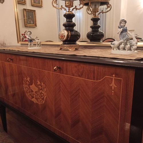 Living room buffet used, wood with black glass surface