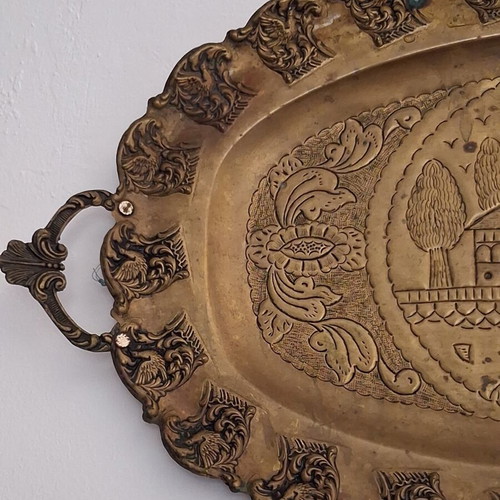 Handmade Copper Tray Giannina with Carved Traditional Design like new