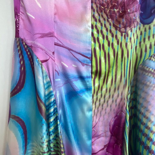 Vintage Y2K long satin dress like new, handmade, multicolor blue