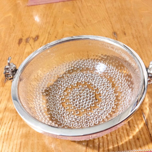 Vintage glass bowl with metal rim and grape handles in like new condition