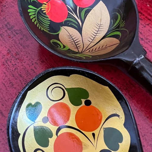 Decorative spoons used, set of 4 wooden with folk motifs