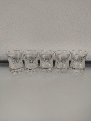 Set of 5 glass liqueur glasses new with engraved design