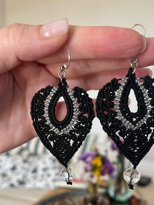 Macrame handmade earrings new, black and silver