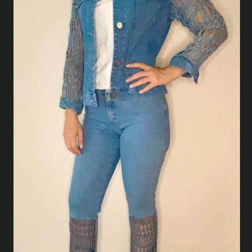Denim suit like new with mesh on sleeves and pants blue