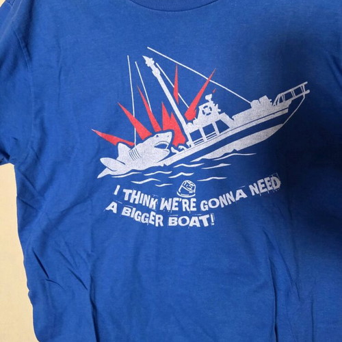Jaws t-shirt used, blue, size M with classic movie phrase