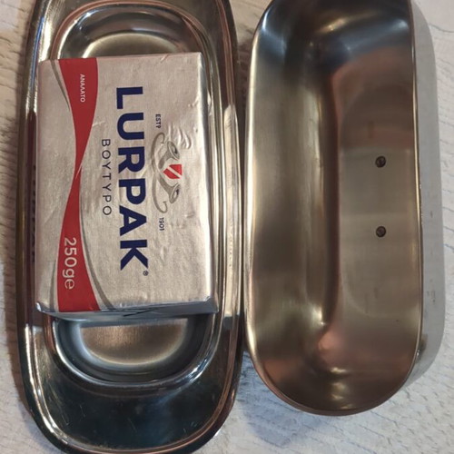 Inox butter dish with wooden handle like new