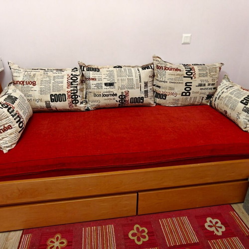 Custom solid beech wood sofa bed with storage drawers and cushions