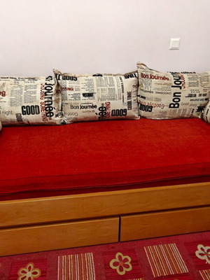 Custom solid beech wood sofa bed with storage drawers and cushions