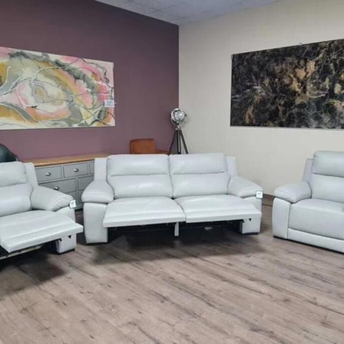 Italian gray leather sofa set Moreno three-seater and two armchairs new