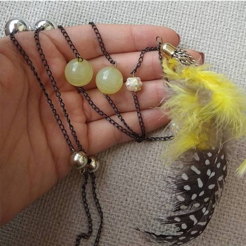 Long necklace new with feathers and yellow beads