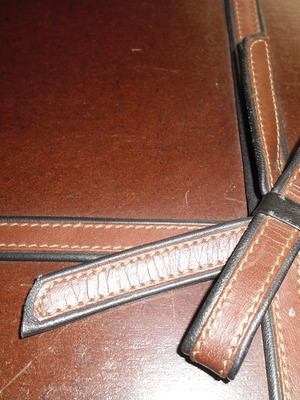 Storage box used, old English wooden with leather bow