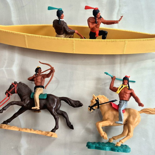 Timpo Cowboys and Indians set used with canoe, tent, totem, and figures