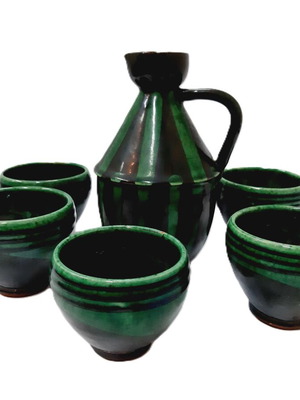 Troyan Ceramic Set like new, jug and 6 cups green and black glaze