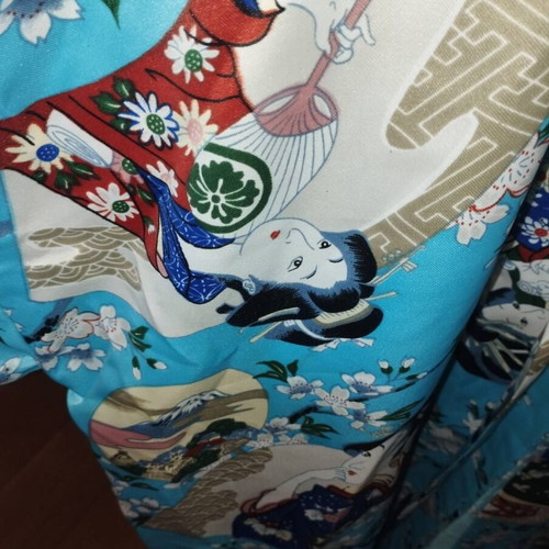 Japanese long robe, turquoise with cherry blossom print