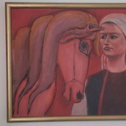 Painting by N. Dogoulis used, woman with horse on wood 53x73cm