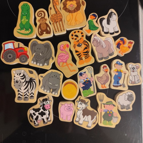 Wooden figures used, set of 24 animals and farmers
