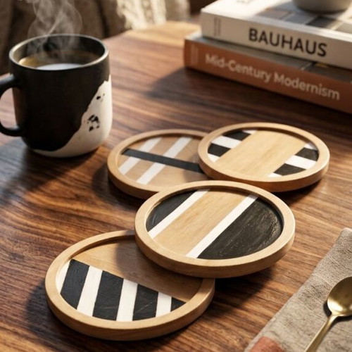 Set of 4 Hand-Painted Wooden Coasters new, inspired by Bauhaus