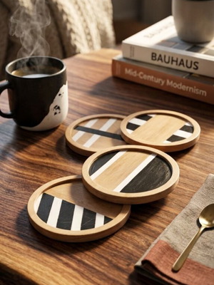 Set of 4 Hand-Painted Wooden Coasters new, inspired by Bauhaus