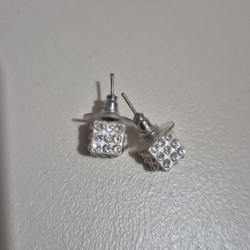 Silver dice stud earrings with rhinestones