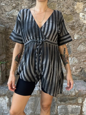 LAK striped asymmetrical wrap blouse with waist tie, black and grey