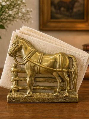 Vintage solid brass napkin holder with horse figure, like new
