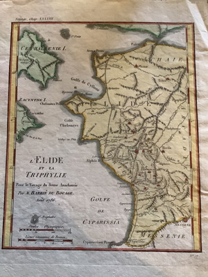 Карта 1786 употребявана, част от Пелопонес, залив Кипарисия, ръчно оцветена халоцография