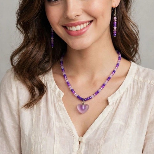 Handmade purple crystal elegant necklace and earrings set