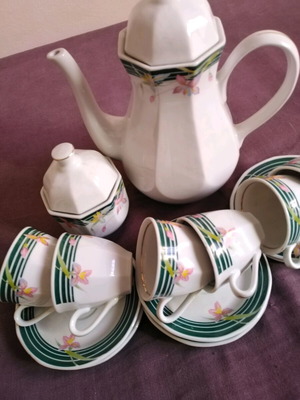 Antique European Porcelain Espresso Coffee Set used, 6 cups with saucers