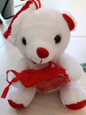 Christmas plush teddy bear like new, red and white with hat and pouch