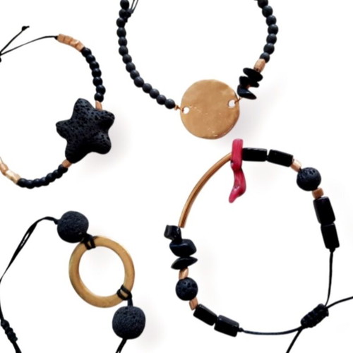 Set of 4 bracelets 18K gold plated with lava and coral