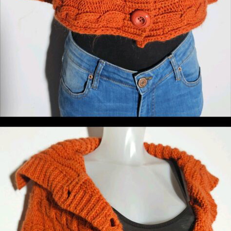 Knitted bolero orange like new with thick cable knit and large collar