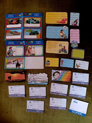 Αυτοκόλλητα Panini και ετικέτες 80's σαν καινούργια, σετ 57 τεμάχια