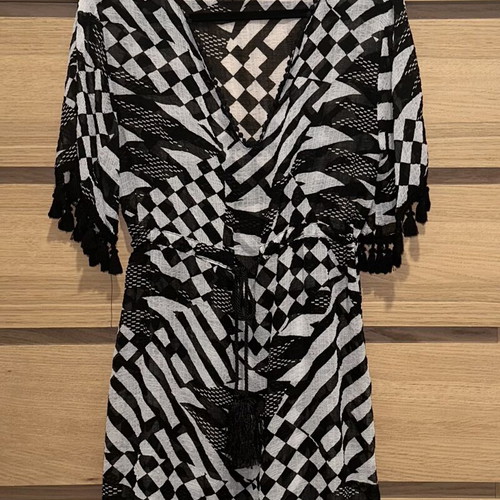 Kaftan semi sheer black and white with tassel details like new